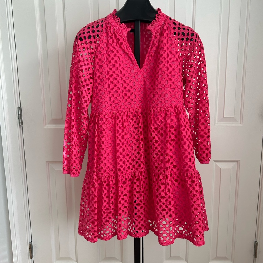 J. Crew Hot Pink Eyelet Tiered Long Sleeve Dress